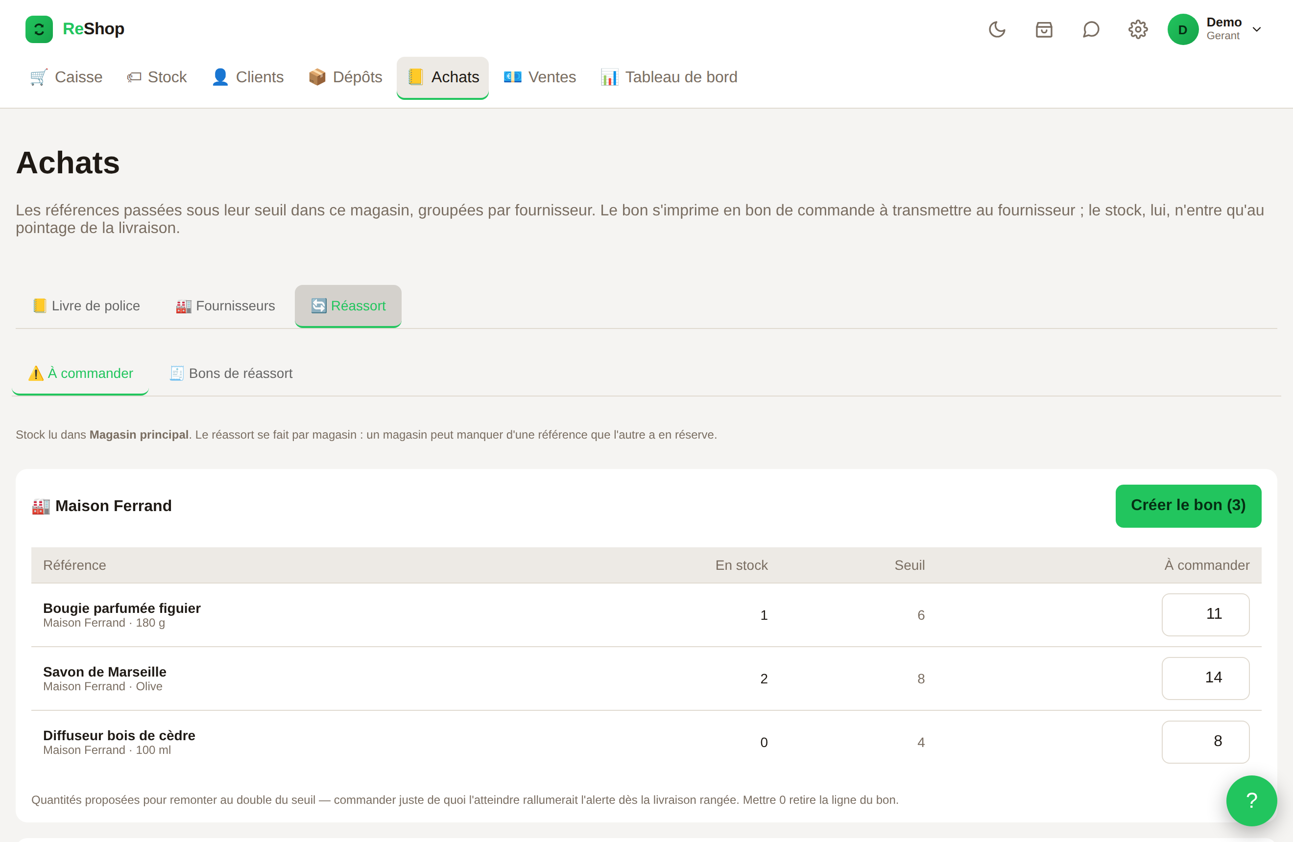 Écran Achats → Réassort de ReShop : références sous leur seuil regroupées par fournisseur, avec la quantité proposée pour chacune.